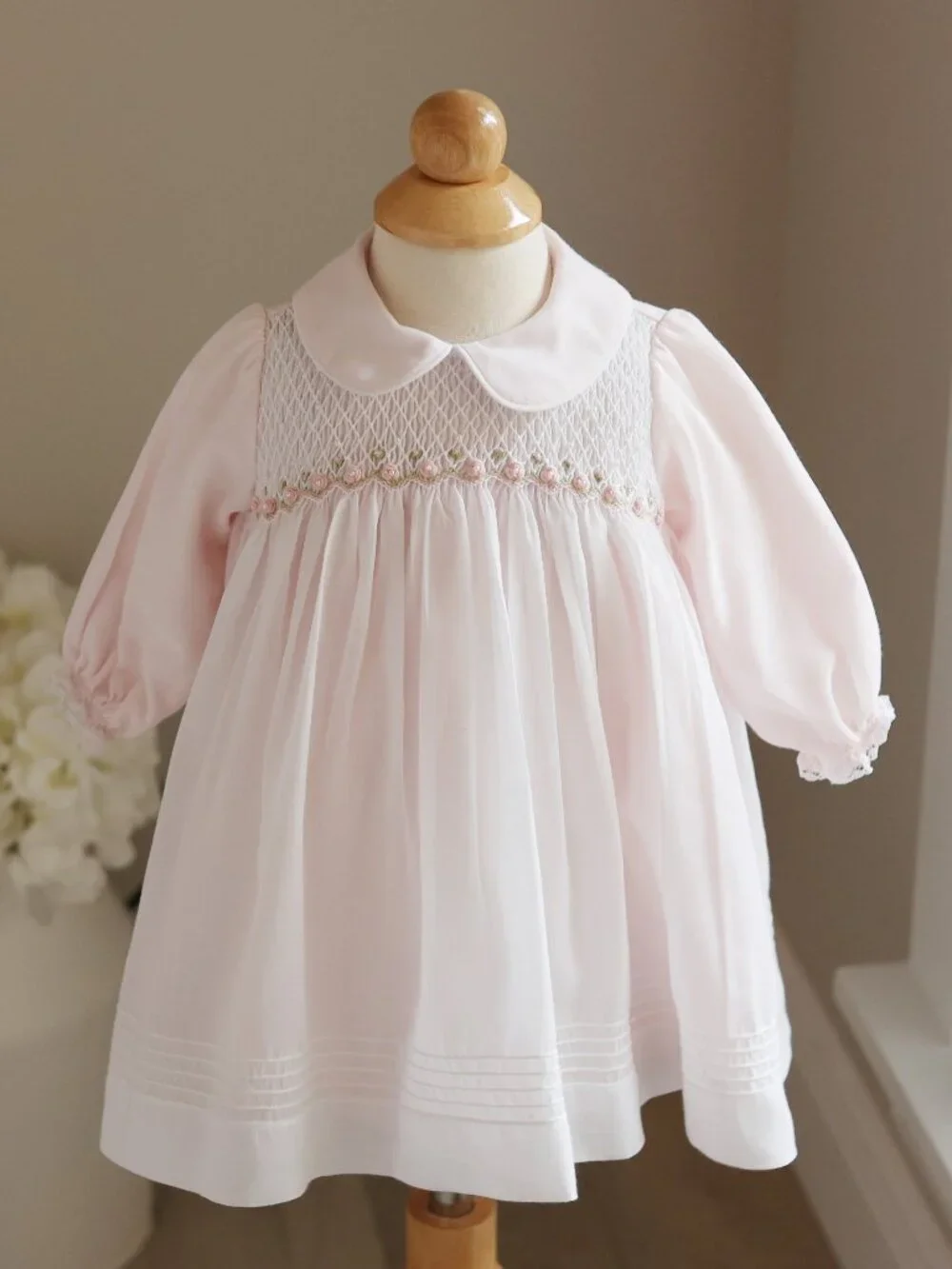 White Smocked Heirloom Dress Bullion Roses Pearls Pintucks Special Occasion 6M